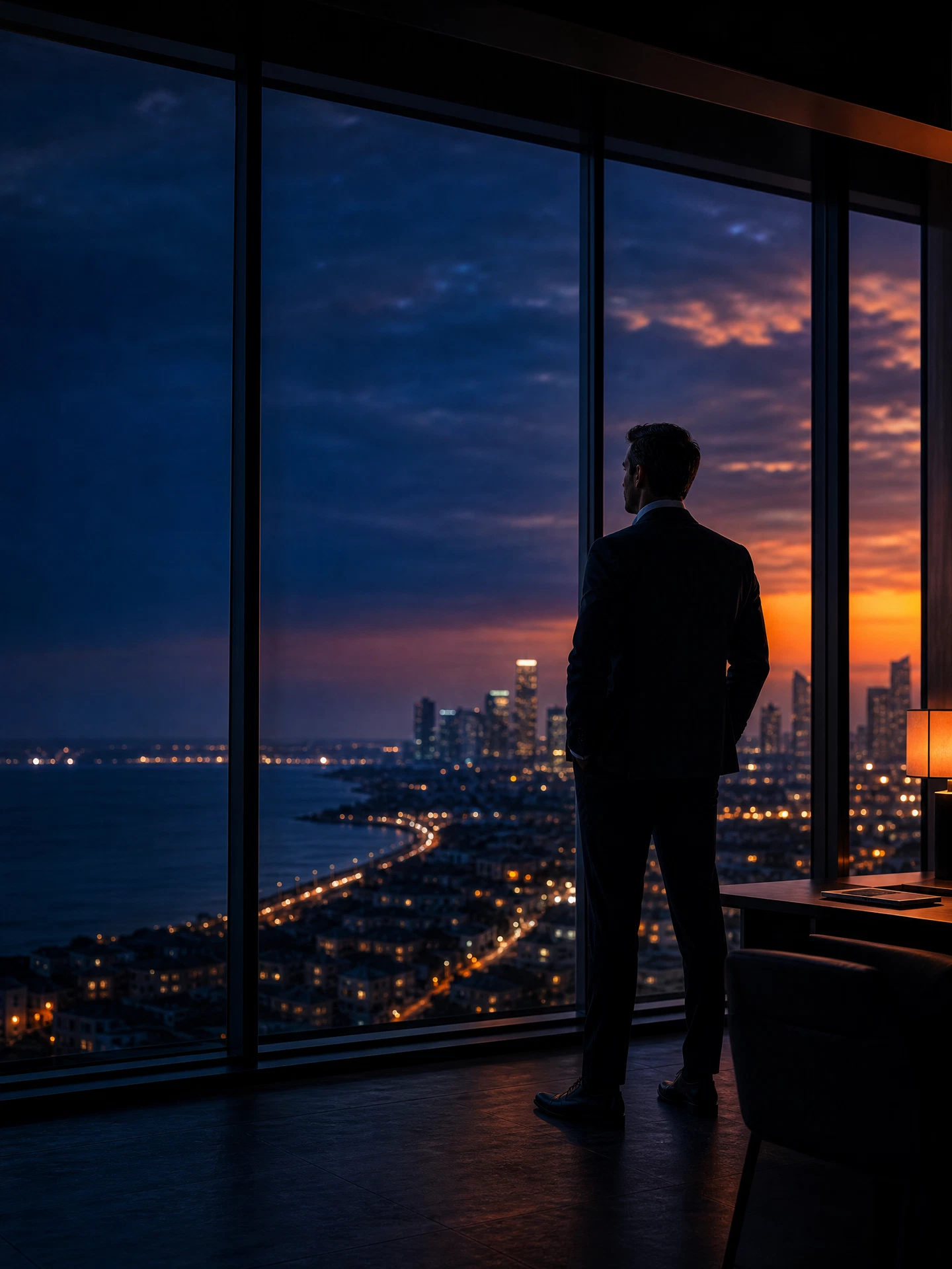 Anonymous growth strategist overlooking a city from a modern office