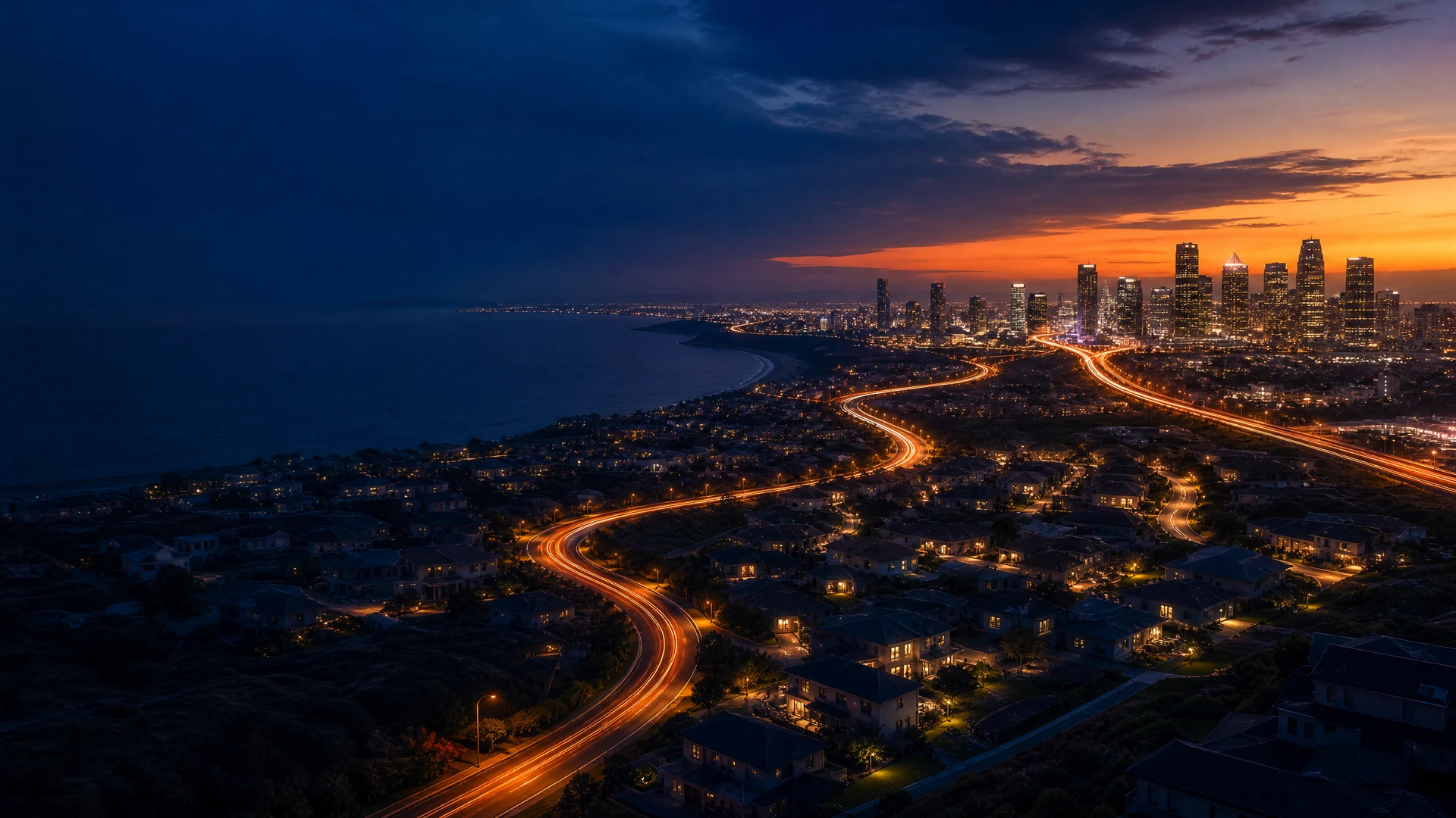 American city and residential neighborhoods connected by illuminated routes at blue hour