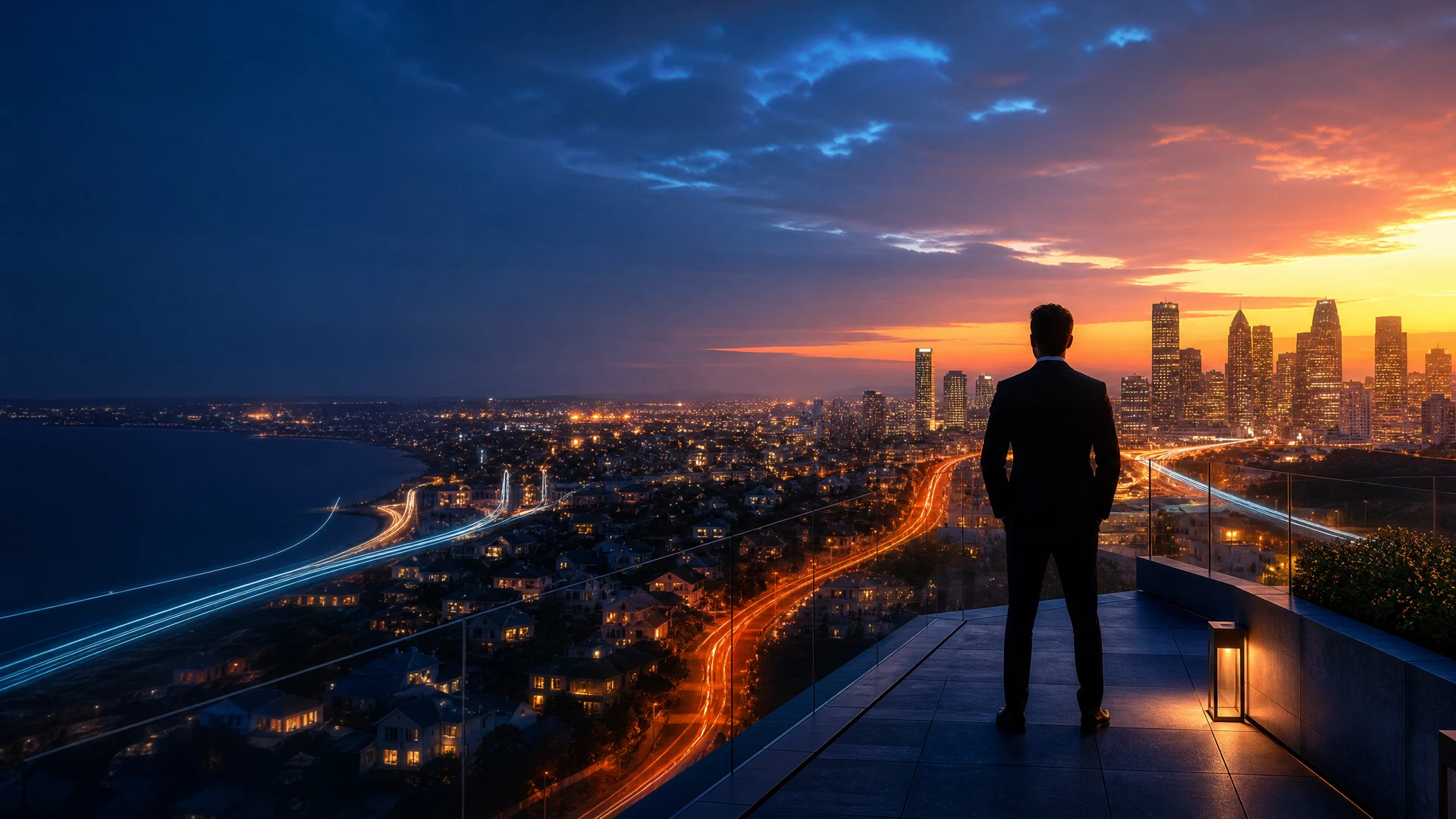 Professional overlooking a modern American city and residential horizon at blue hour